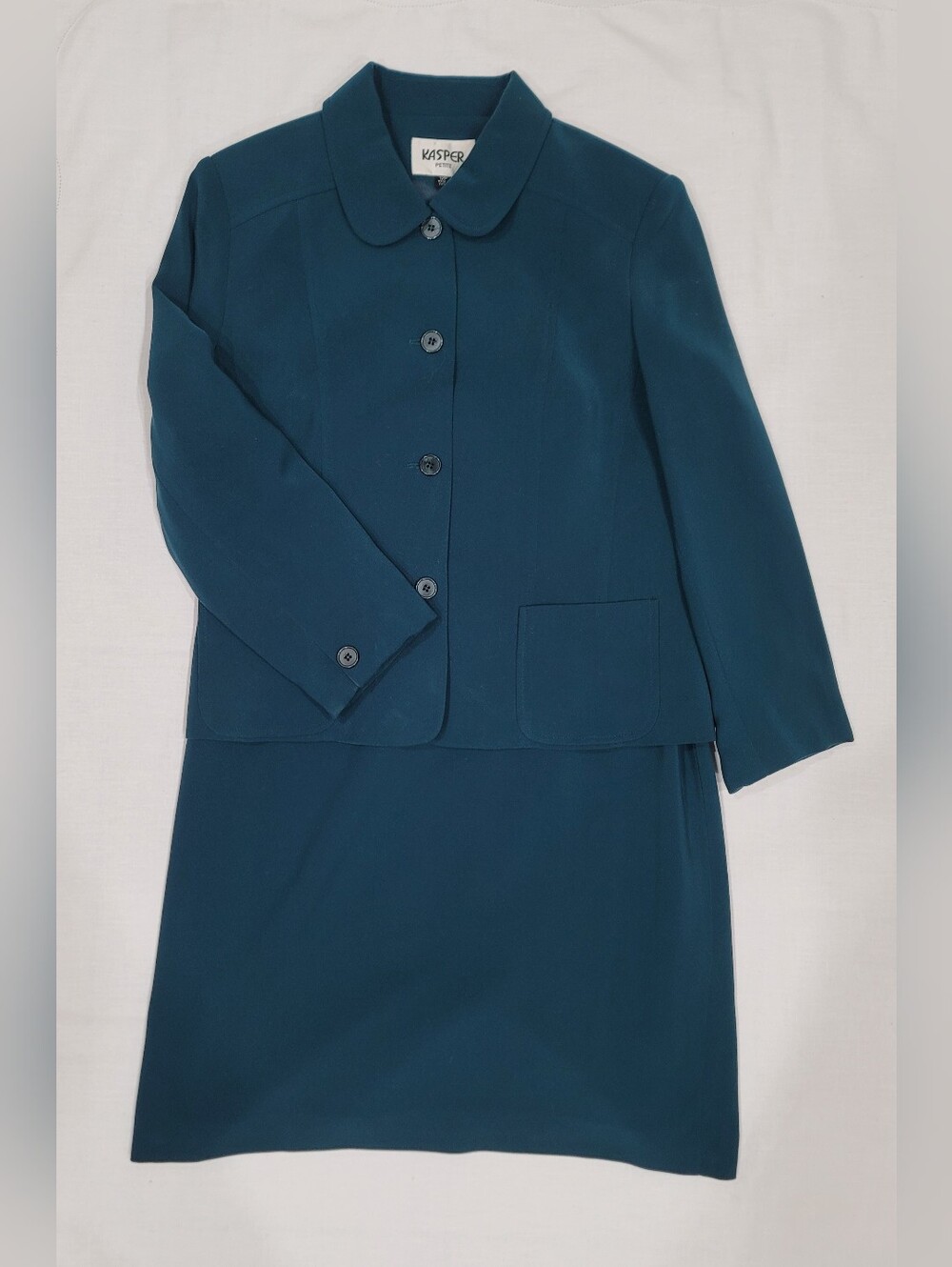 Kasper Teal Blue Rounded Collar Button Jacket and Skirt Set